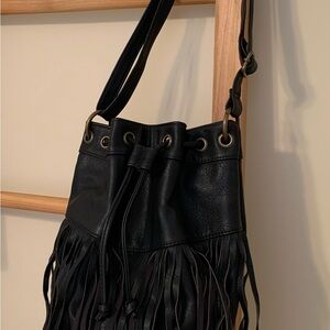Black Fringe faux leather bucket Shoulder Bag round design